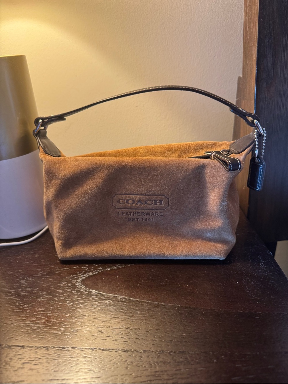 Coach Vintage Camel Suede Mini Purse with Dark Brown Handle